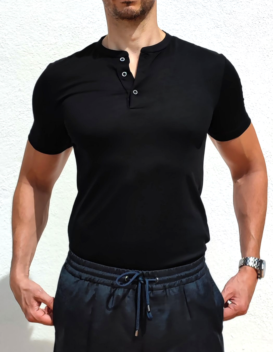Linen Men's Muscle Fit Short Sleeve Black Henley Shirt