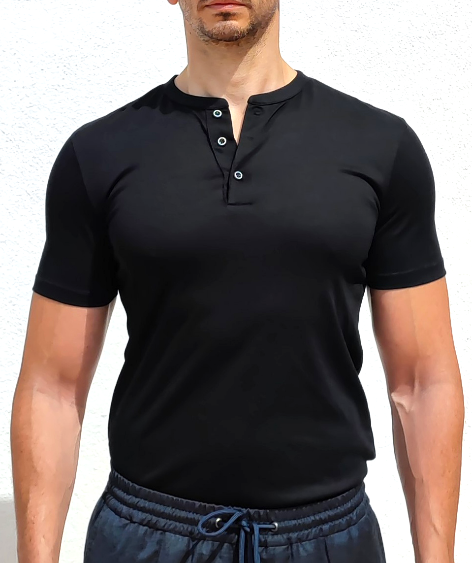 Linen Men's Muscle Fit Short Sleeve Black Henley Shirt