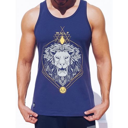 Standard Cut Mens Lion Print Navy Gym Vest Stringer