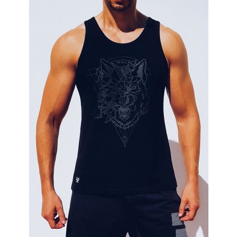 Standard Cut Mens Wolf 2 Print Black Gym Vest Stringer