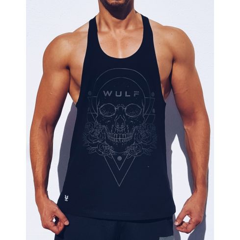 Racerback Mens Skull Print Black Gym Vest Stringer