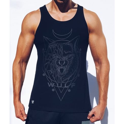 Standard Cut Mens Wolf 1 Print Black Gym Vest Stringer