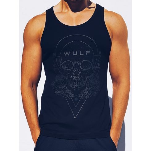 Standard Cut Mens Skull Print Black Gym Vest Stringer
