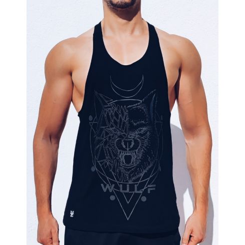Racerback Mens Wolf 1 Print Black Gym Vest Stringer