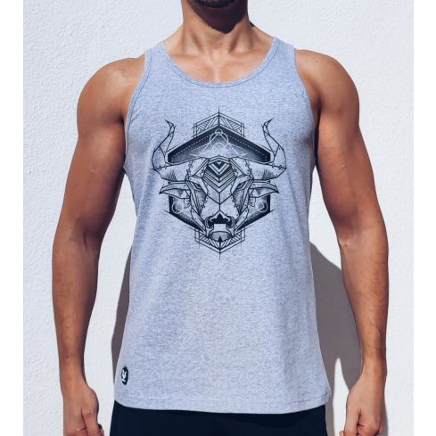 Standard Cut Mens Bull Print Grey Gym Vest Stringer