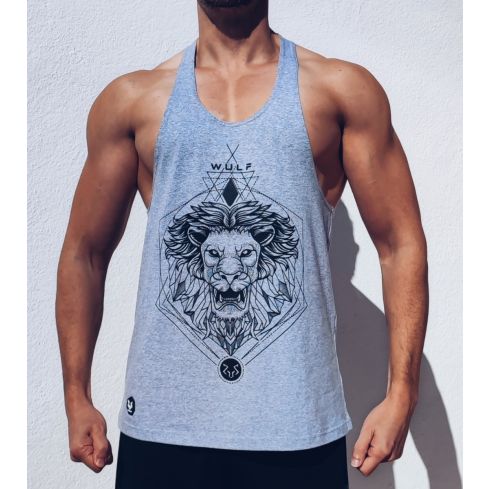 Racerback Mens Lion Print Grey Gym Vest Stringer