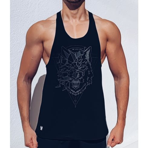 Racerback Mens Wolf 2 Print Black Gym Vest Stringer