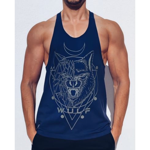 Racerback Mens Wolf 1 Print Navy Gym Vest Stringer