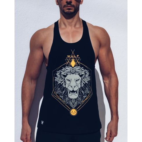 Racerback Mens Lion Print Black Gym Vest Stringer