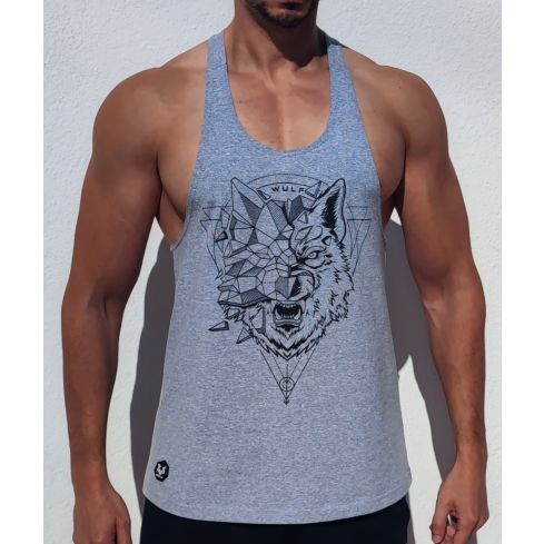 Racerback Mens Wolf 2 Print Grey Gym Vest Stringer
