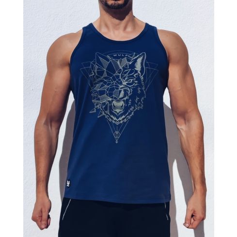 Standard Cut Mens Wolf 2 Print Navy Gym Vest Stringer