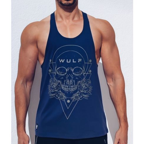 Racerback Mens Skull Print Navy Gym Vest Stringer