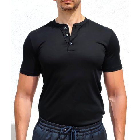 Linen Men's Muscle Fit Short Sleeve Black Henley Shirt