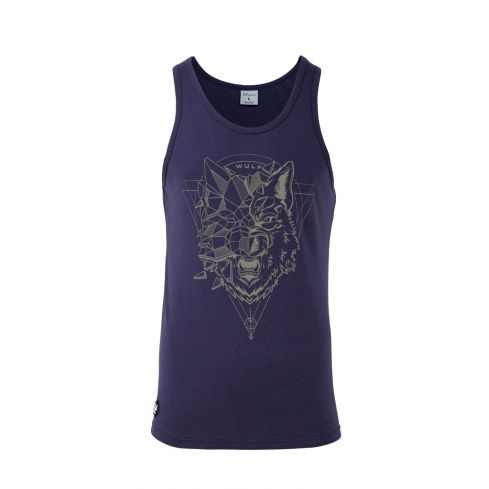 Standard Cut Mens Wolf 2 Print Navy Gym Vest Stringer