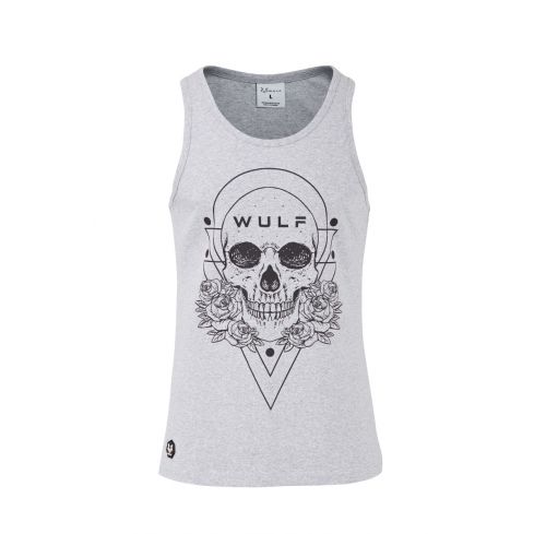 Standard Cut Mens Skull Print Grey Gym Vest Stringer