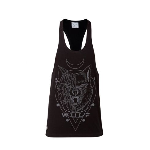 Racerback Mens Wolf 1 Print Black Gym Vest Stringer