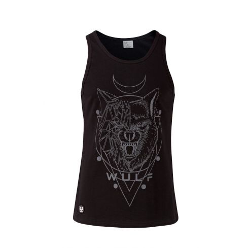 Standard Cut Mens Wolf 1 Print Black Gym Vest Stringer