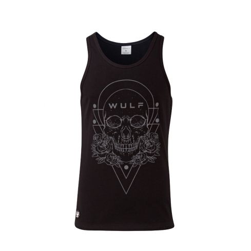 Standard Cut Mens Skull Print Black Gym Vest Stringer