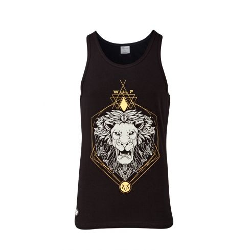Standard Cut Mens Lion Print Black Gym Vest Stringer