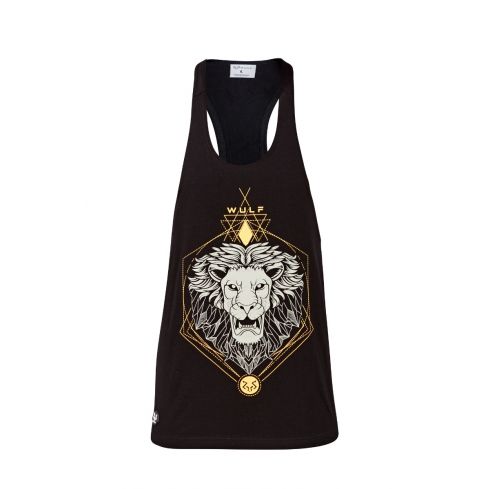 Racerback Mens Lion Print Black Gym Vest Stringer