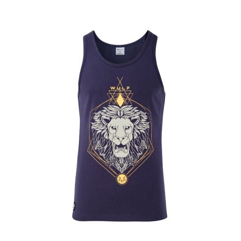 Standard Cut Mens Lion Print Navy Gym Vest Stringer