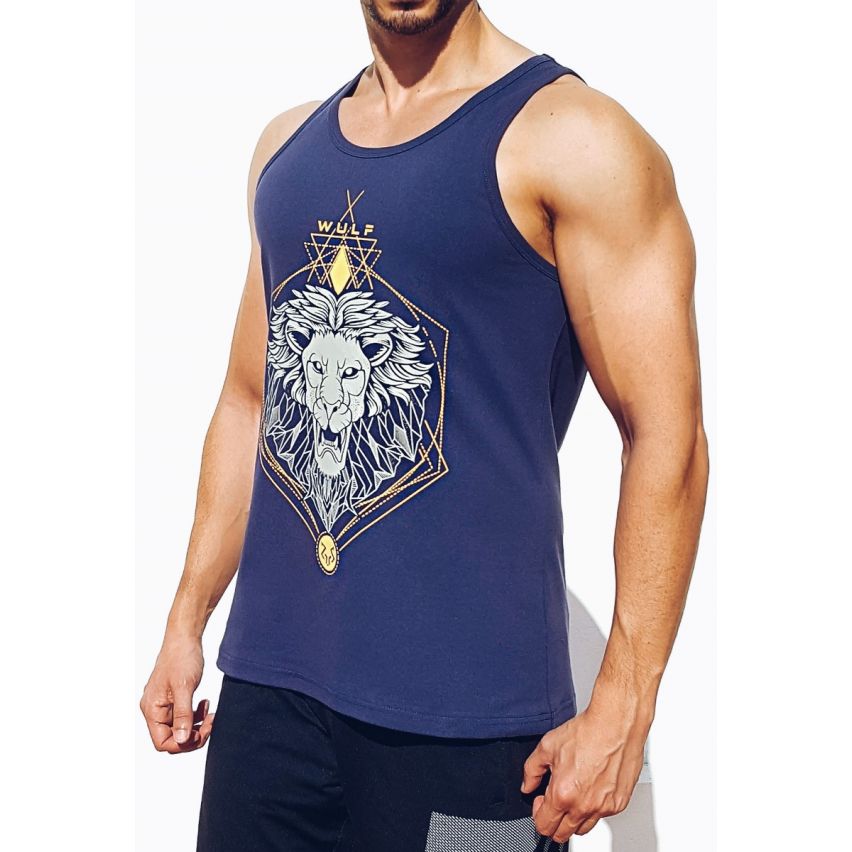 Standard Cut Mens Lion Print Navy Gym Vest Stringer