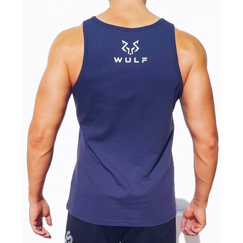 Standard Cut Mens Lion Print Navy Gym Vest Stringer