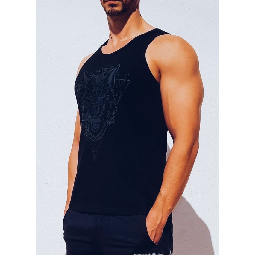 Standard Cut Mens Wolf 2 Print Black Gym Vest Stringer