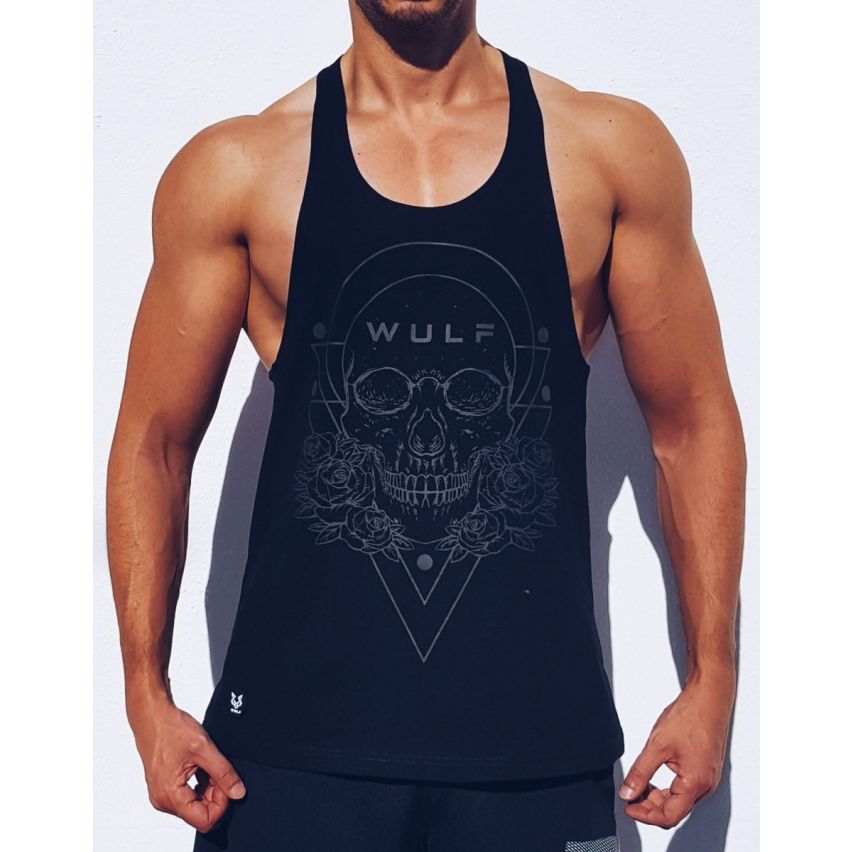 Racerback Mens Skull Print Black Gym Vest Stringer