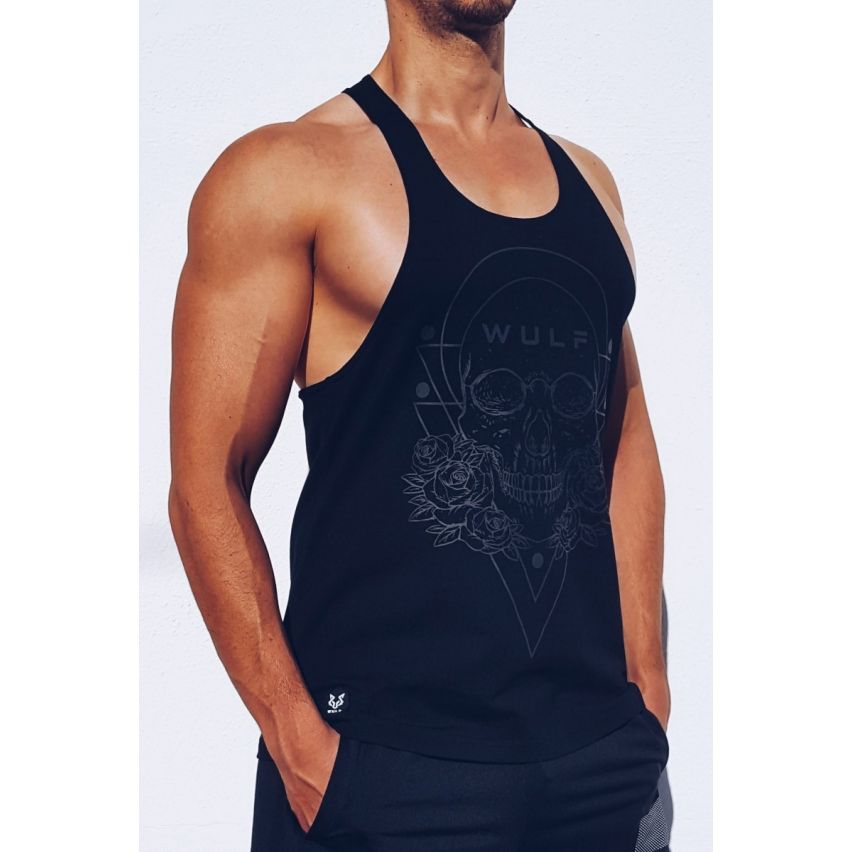 Racerback Mens Skull Print Black Gym Vest Stringer