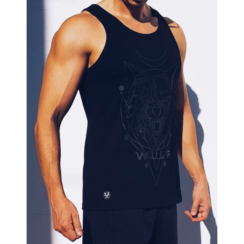 Standard Cut Mens Wolf 1 Print Black Gym Vest Stringer