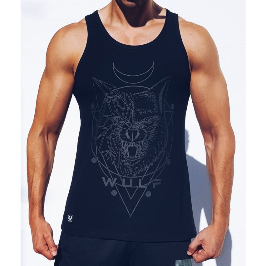 Standard Cut Mens Wolf 1 Print Black Gym Vest Stringer