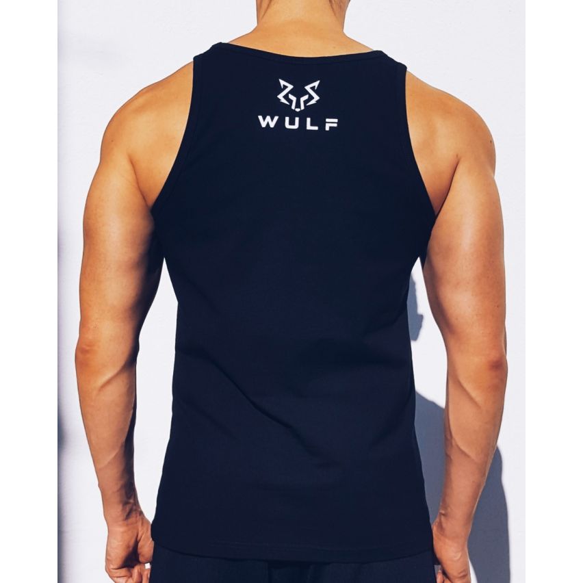 Standard Cut Mens Wolf 1 Print Black Gym Vest Stringer