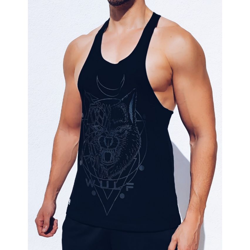 Canottiera Nero Da Uomo Con Stampa Lupo 1 Racerback