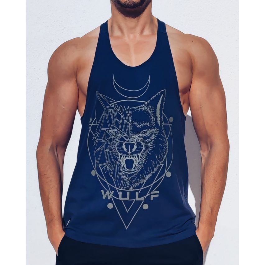 Canottiera Blu Navy Con Stampa Lupo 1 Da Uomo Con Dorso A Vogatore