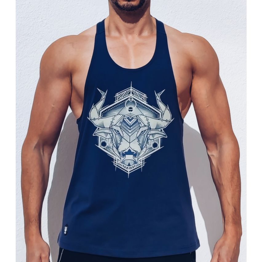 Racerback Mens Bull Print Navy Gym Vest Stringer