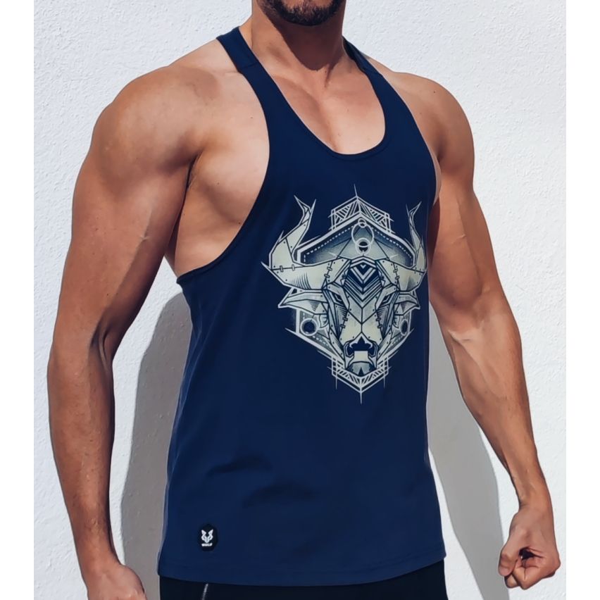 Racerback Mens Bull Print Navy Gym Vest Stringer