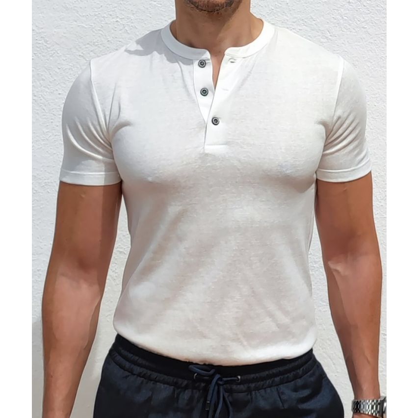 Linen Men's Muscle Fit Short Sleeve White Henley Shirt