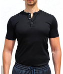 Linen Men's Muscle Fit Short Sleeve Black Henley Shirt